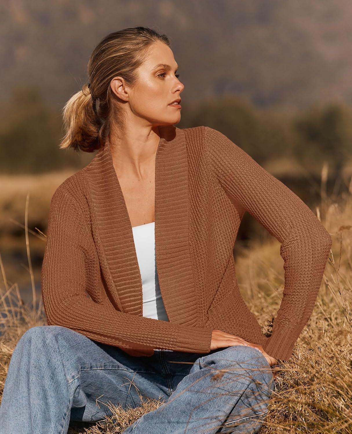 imageZESICA Womens Fall Winter Long Sleeve Open Front Casual Lightweight Soft Knit Cardigan Sweater OuterwearBrown