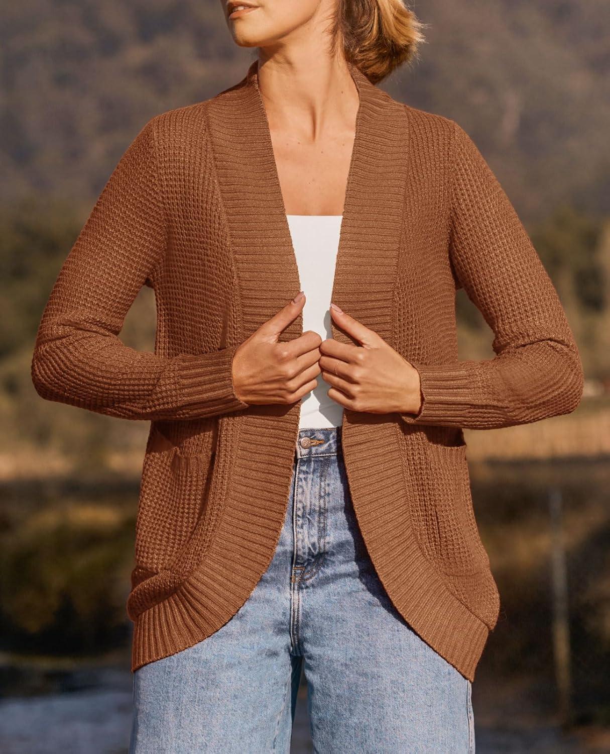 imageZESICA Womens Fall Winter Long Sleeve Open Front Casual Lightweight Soft Knit Cardigan Sweater OuterwearBrown