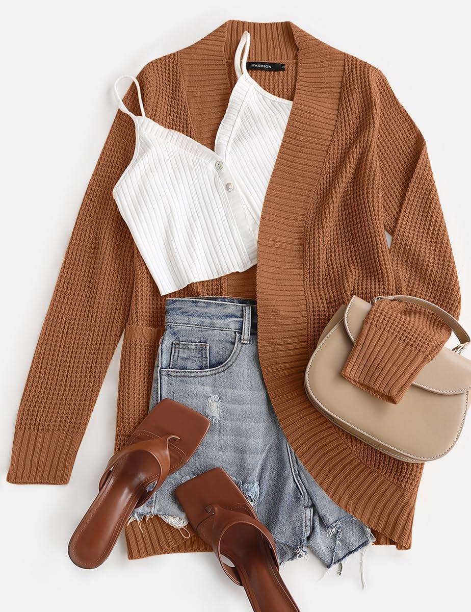 imageZESICA Womens Fall Winter Long Sleeve Open Front Casual Lightweight Soft Knit Cardigan Sweater OuterwearBrown