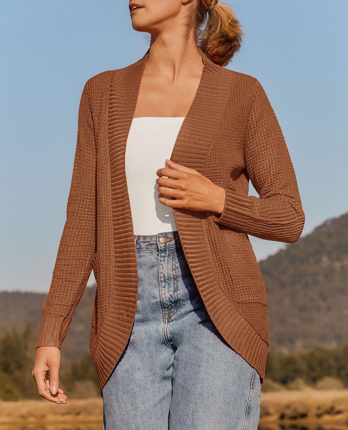 imageZESICA Womens Fall Winter Long Sleeve Open Front Casual Lightweight Soft Knit Cardigan Sweater OuterwearBrown