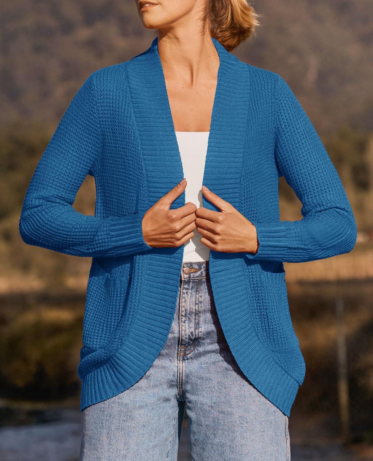 imageZESICA Womens Fall Winter Long Sleeve Open Front Casual Lightweight Soft Knit Cardigan Sweater OuterwearCobaltblue