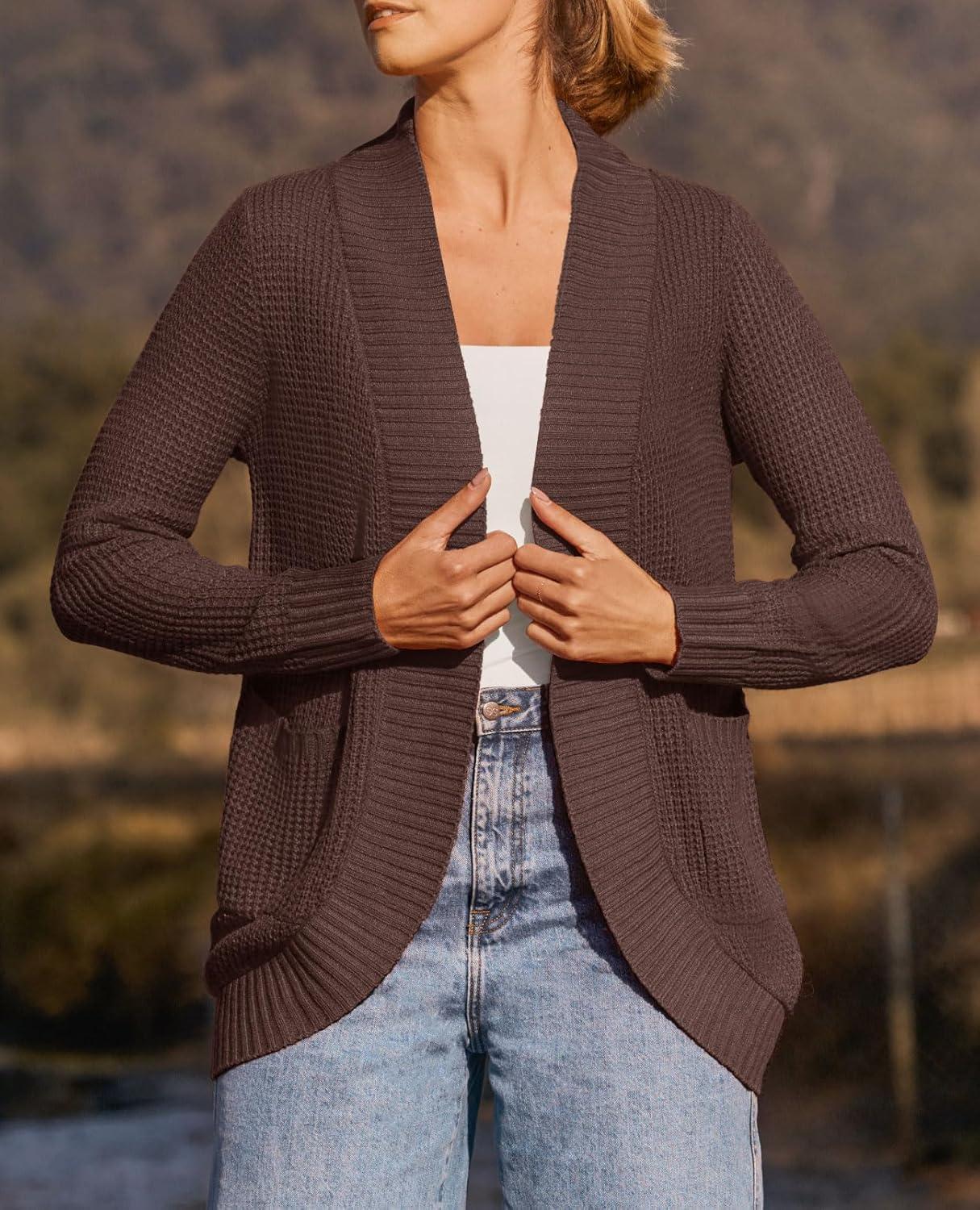 imageZESICA Womens Fall Winter Long Sleeve Open Front Casual Lightweight Soft Knit Cardigan Sweater OuterwearCoffee