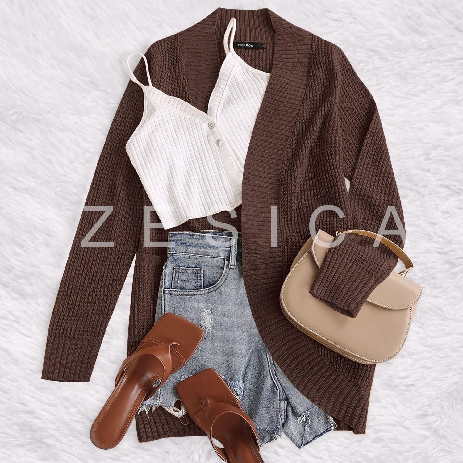 imageZESICA Womens Fall Winter Long Sleeve Open Front Casual Lightweight Soft Knit Cardigan Sweater OuterwearCoffee