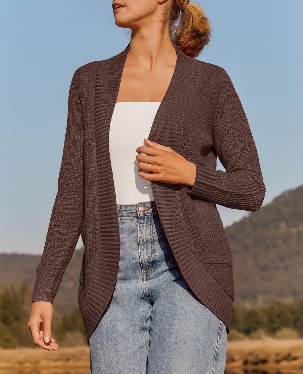 imageZESICA Womens Fall Winter Long Sleeve Open Front Casual Lightweight Soft Knit Cardigan Sweater OuterwearCoffee