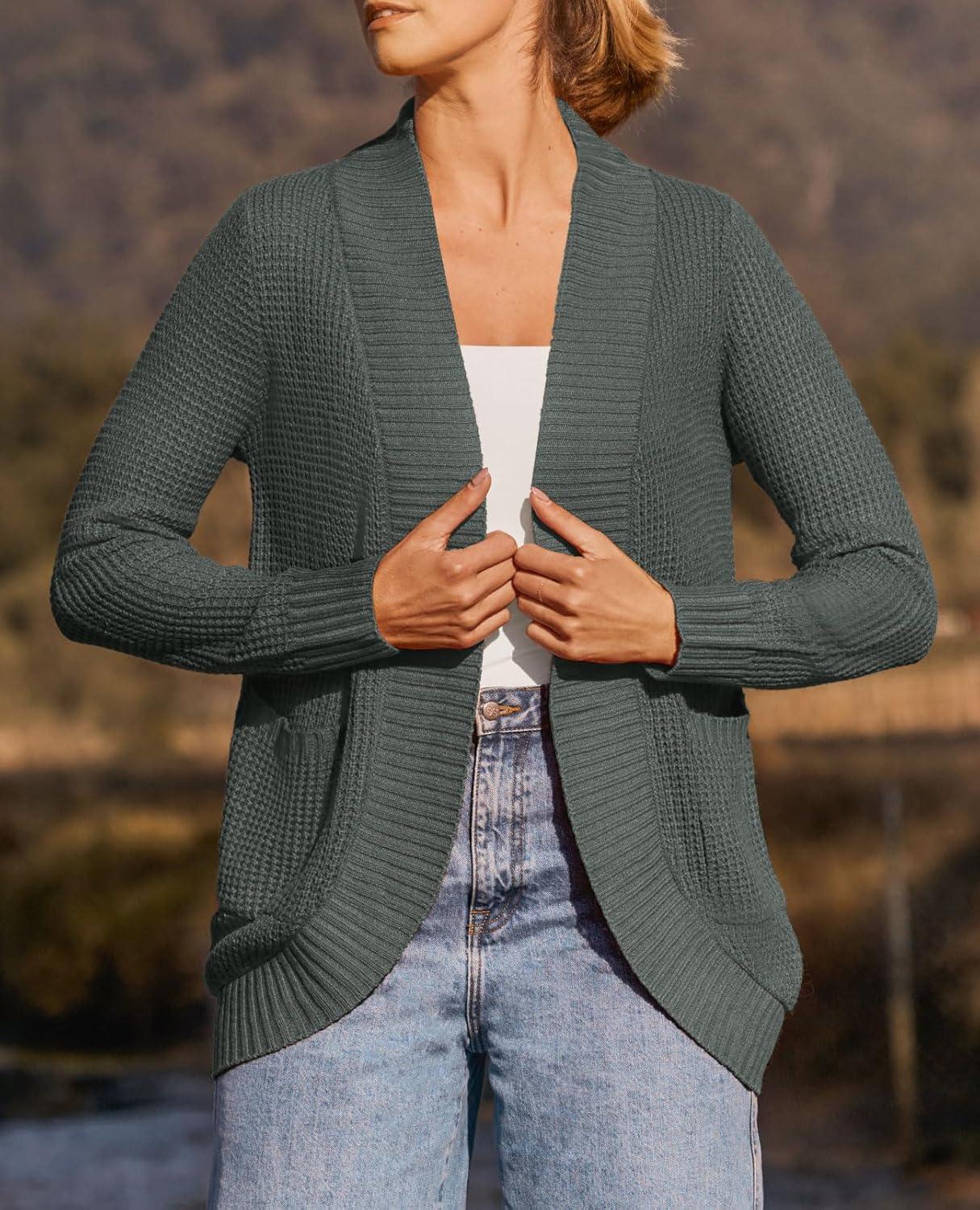 imageZESICA Womens Fall Winter Long Sleeve Open Front Casual Lightweight Soft Knit Cardigan Sweater OuterwearDarkgrey