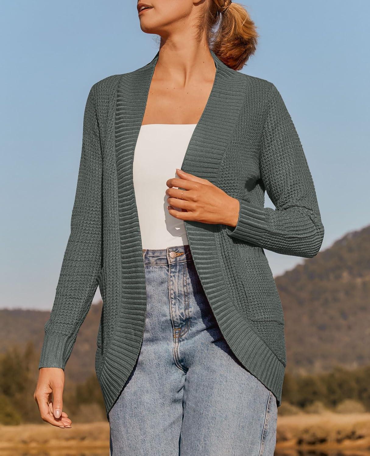 imageZESICA Womens Fall Winter Long Sleeve Open Front Casual Lightweight Soft Knit Cardigan Sweater OuterwearDarkgrey
