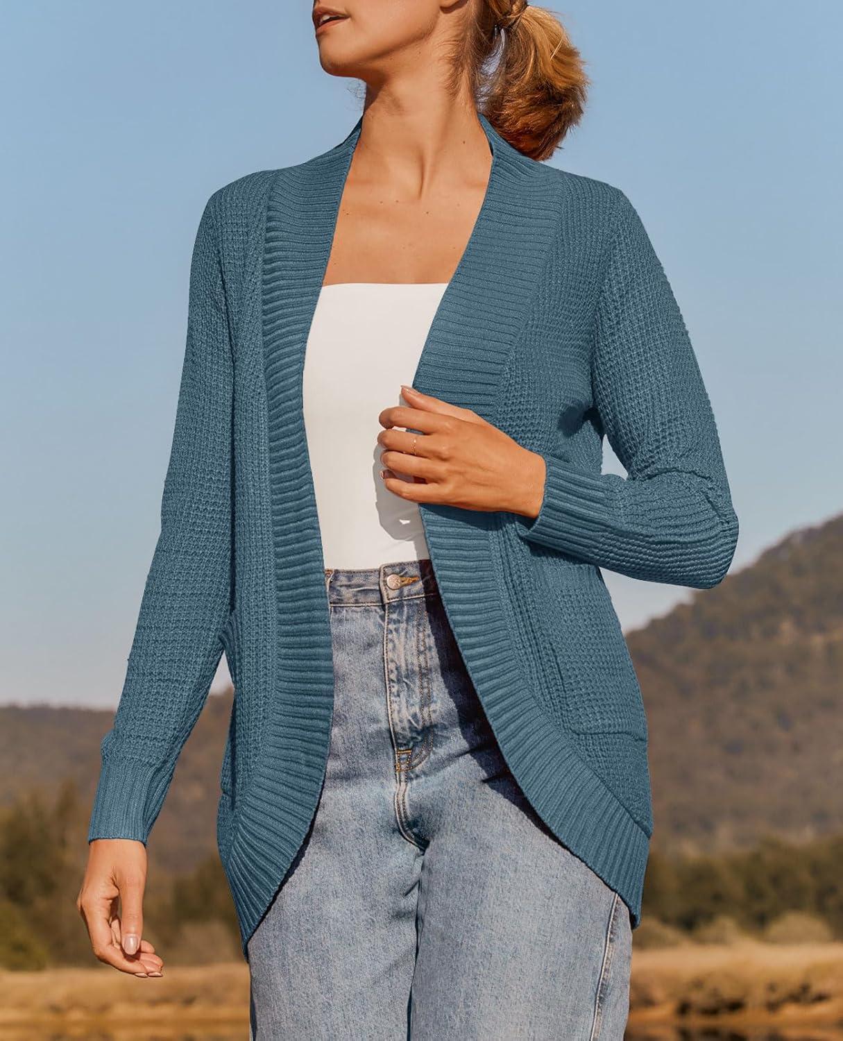 imageZESICA Womens Fall Winter Long Sleeve Open Front Casual Lightweight Soft Knit Cardigan Sweater OuterwearDustyblue