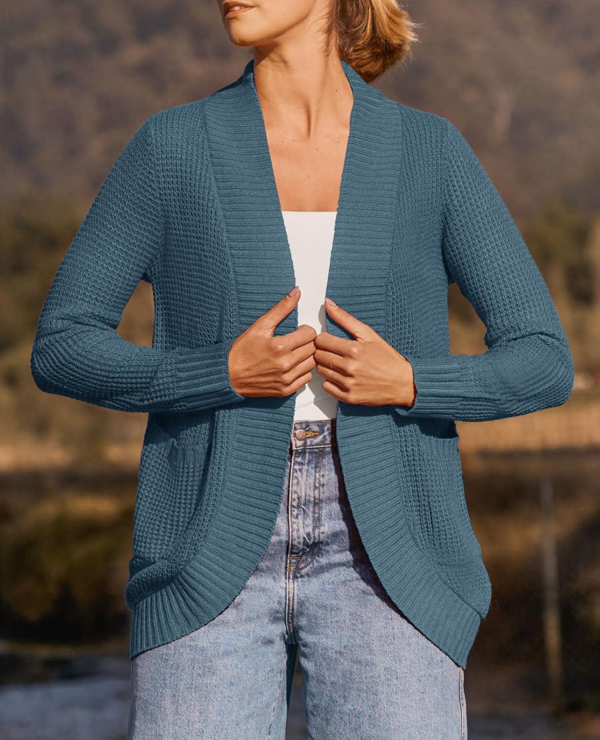 imageZESICA Womens Fall Winter Long Sleeve Open Front Casual Lightweight Soft Knit Cardigan Sweater OuterwearDustyblue