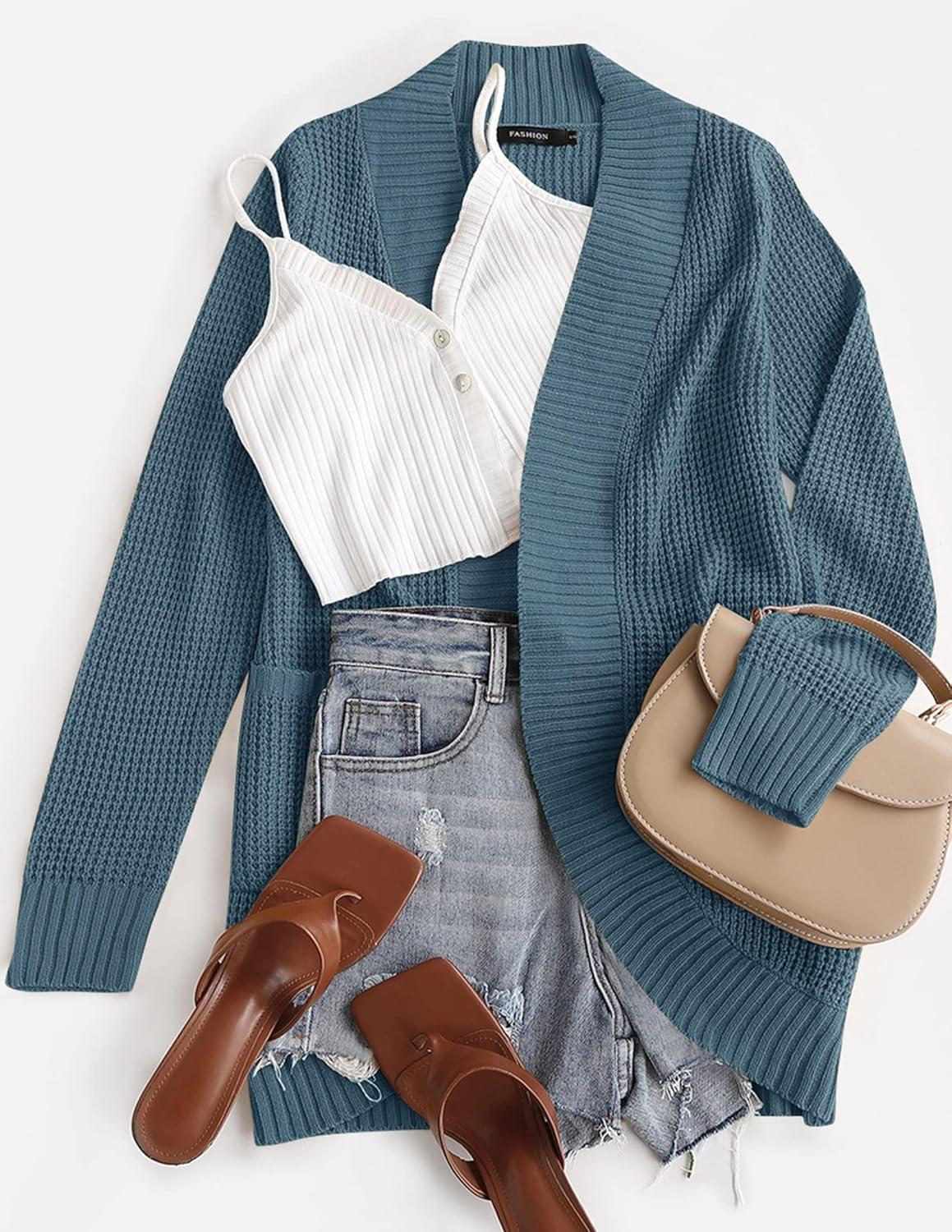 imageZESICA Womens Fall Winter Long Sleeve Open Front Casual Lightweight Soft Knit Cardigan Sweater OuterwearDustyblue