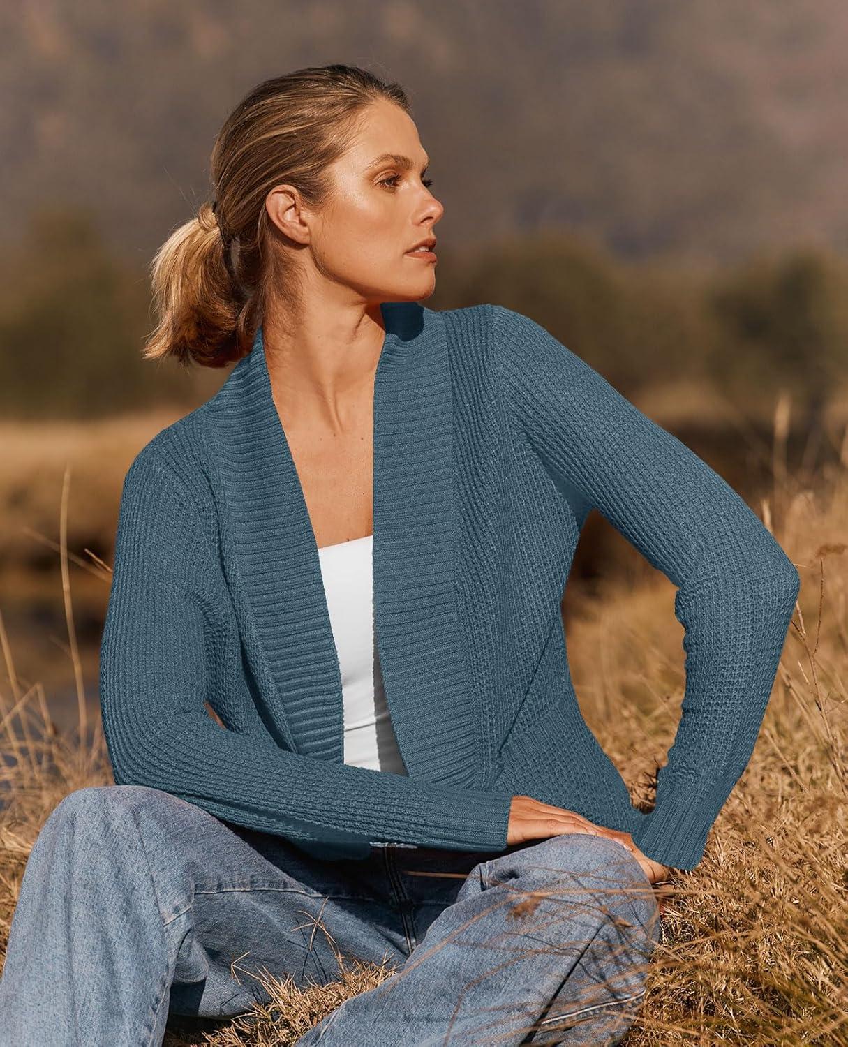 imageZESICA Womens Fall Winter Long Sleeve Open Front Casual Lightweight Soft Knit Cardigan Sweater OuterwearDustyblue