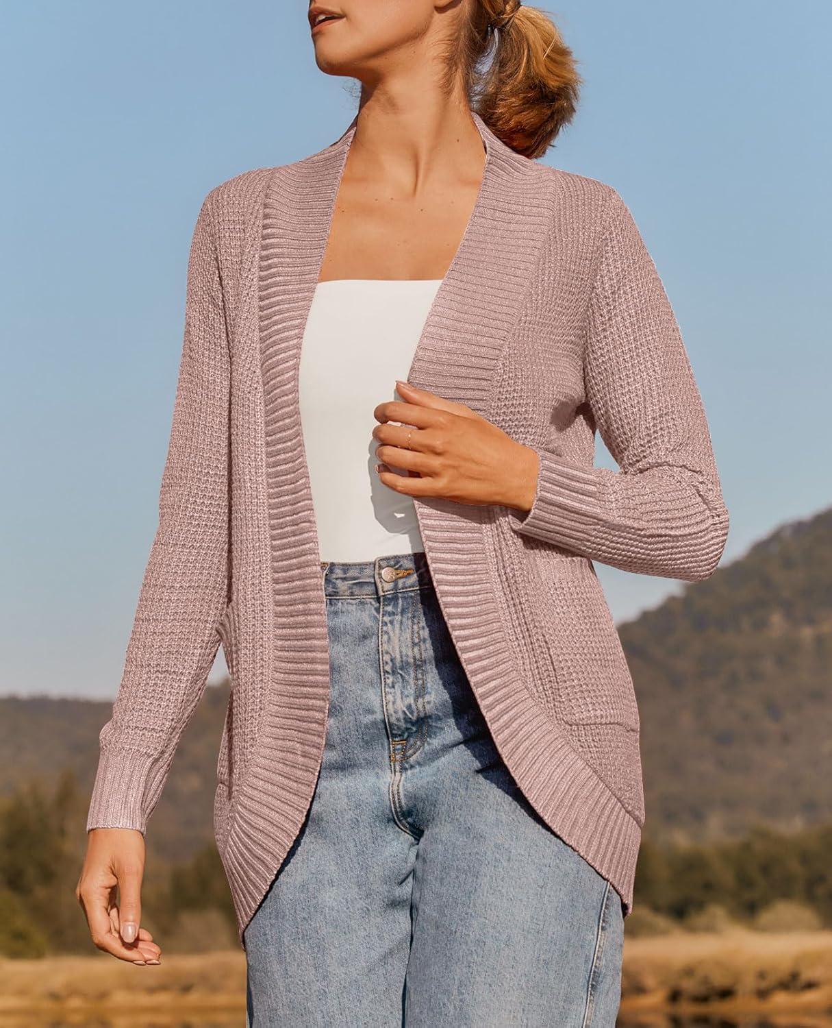 imageZESICA Womens Fall Winter Long Sleeve Open Front Casual Lightweight Soft Knit Cardigan Sweater OuterwearDustypink