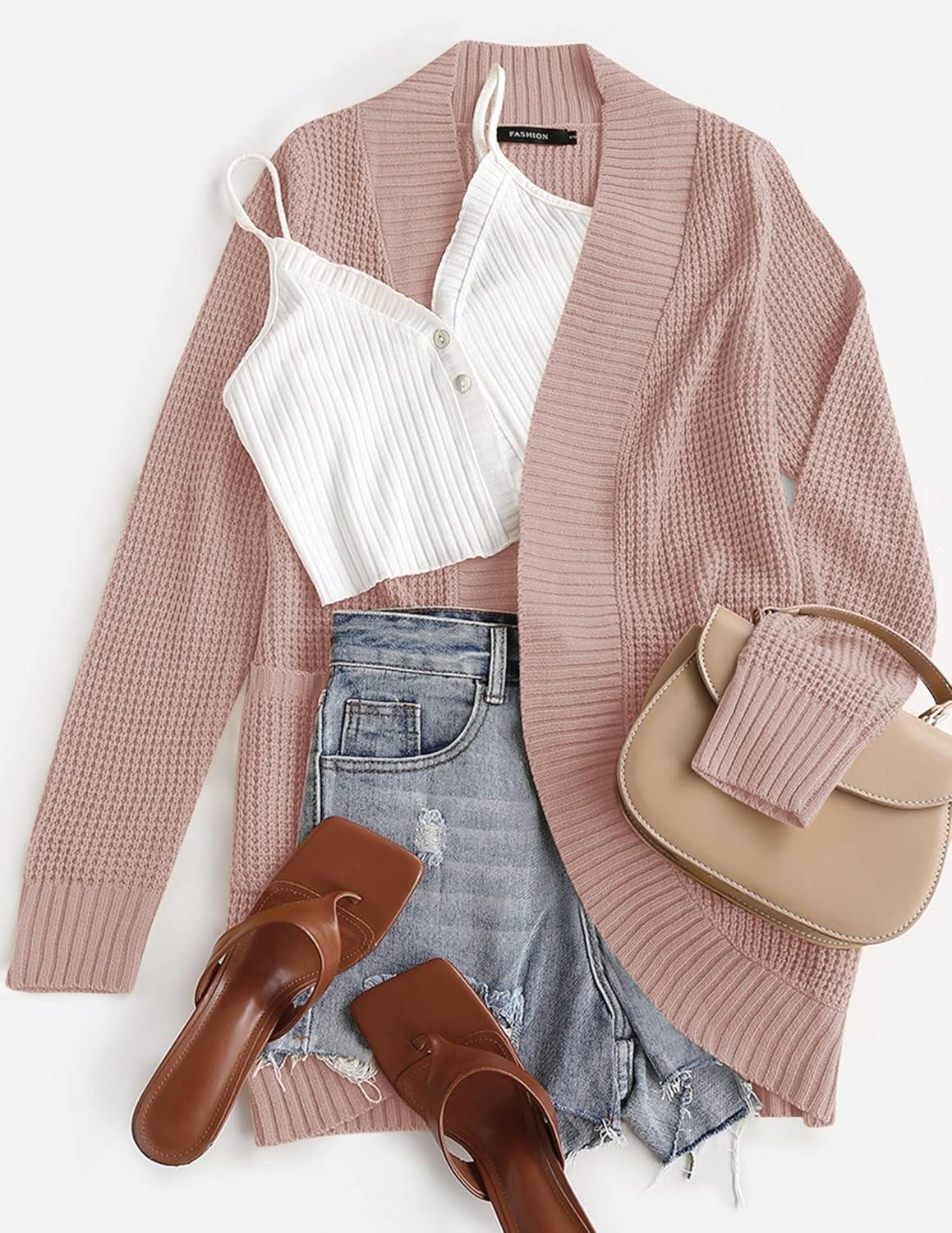 imageZESICA Womens Fall Winter Long Sleeve Open Front Casual Lightweight Soft Knit Cardigan Sweater OuterwearDustypink