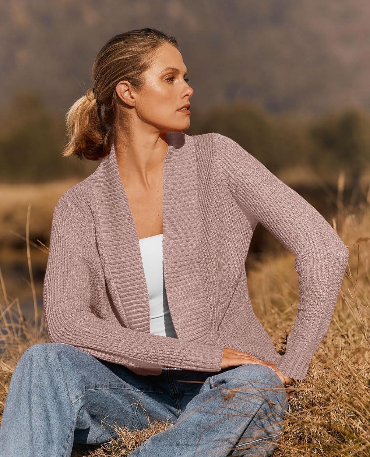 imageZESICA Womens Fall Winter Long Sleeve Open Front Casual Lightweight Soft Knit Cardigan Sweater OuterwearDustypink