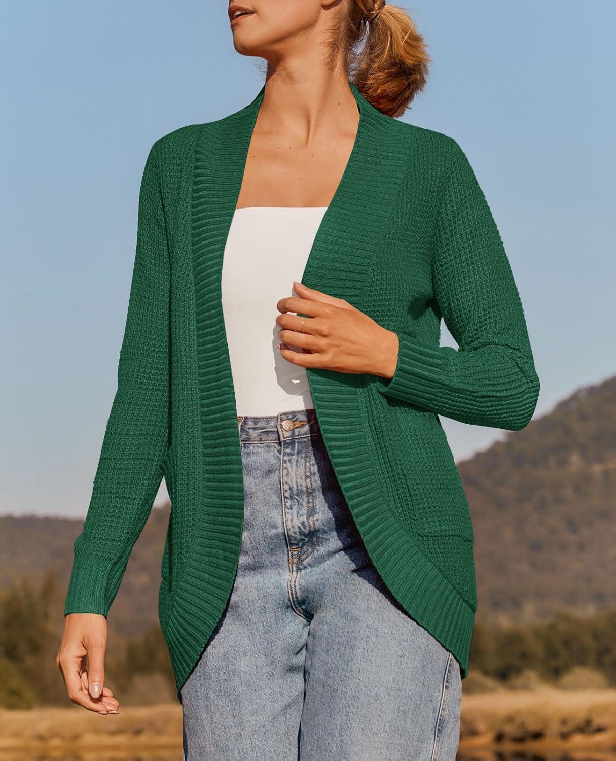 imageZESICA Womens Fall Winter Long Sleeve Open Front Casual Lightweight Soft Knit Cardigan Sweater OuterwearForestgreen