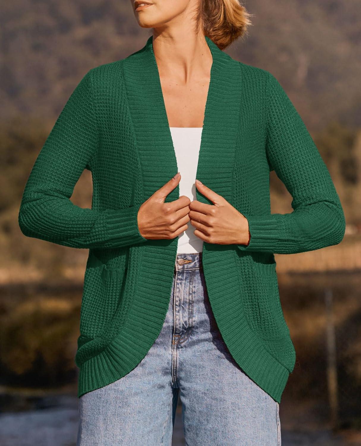 imageZESICA Womens Fall Winter Long Sleeve Open Front Casual Lightweight Soft Knit Cardigan Sweater OuterwearForestgreen
