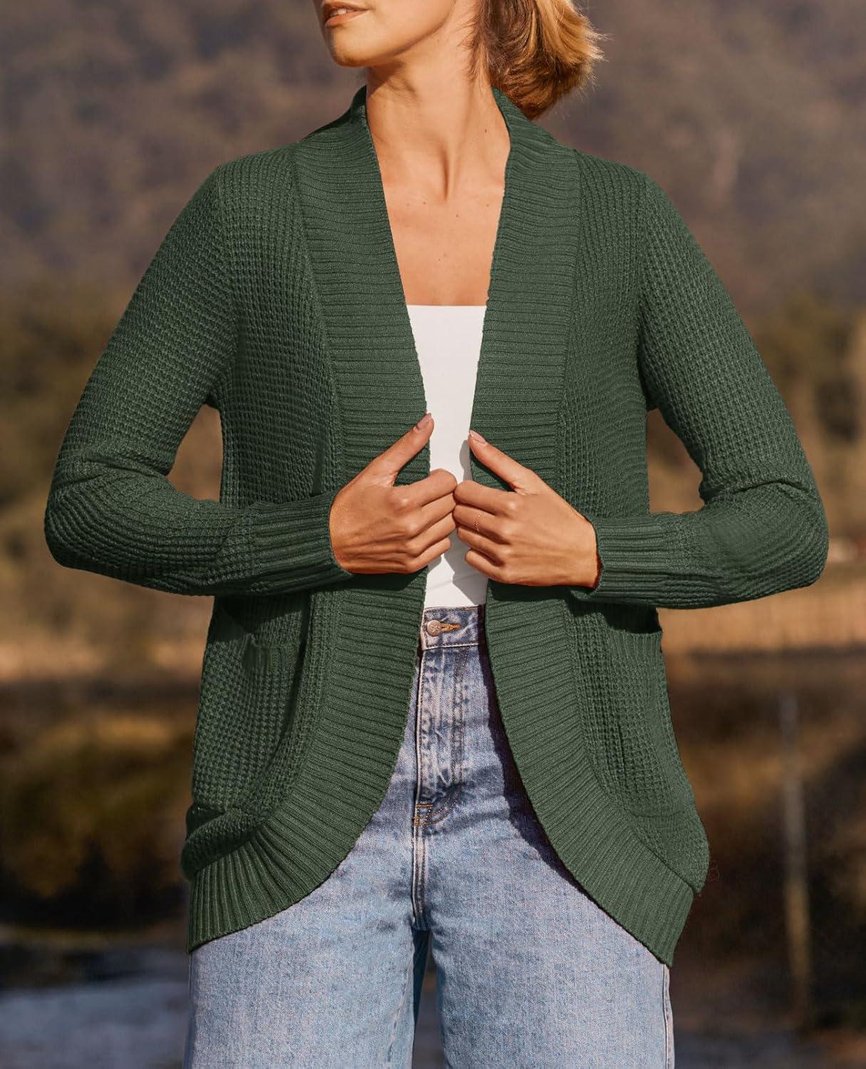 imageZESICA Womens Fall Winter Long Sleeve Open Front Casual Lightweight Soft Knit Cardigan Sweater OuterwearGreen