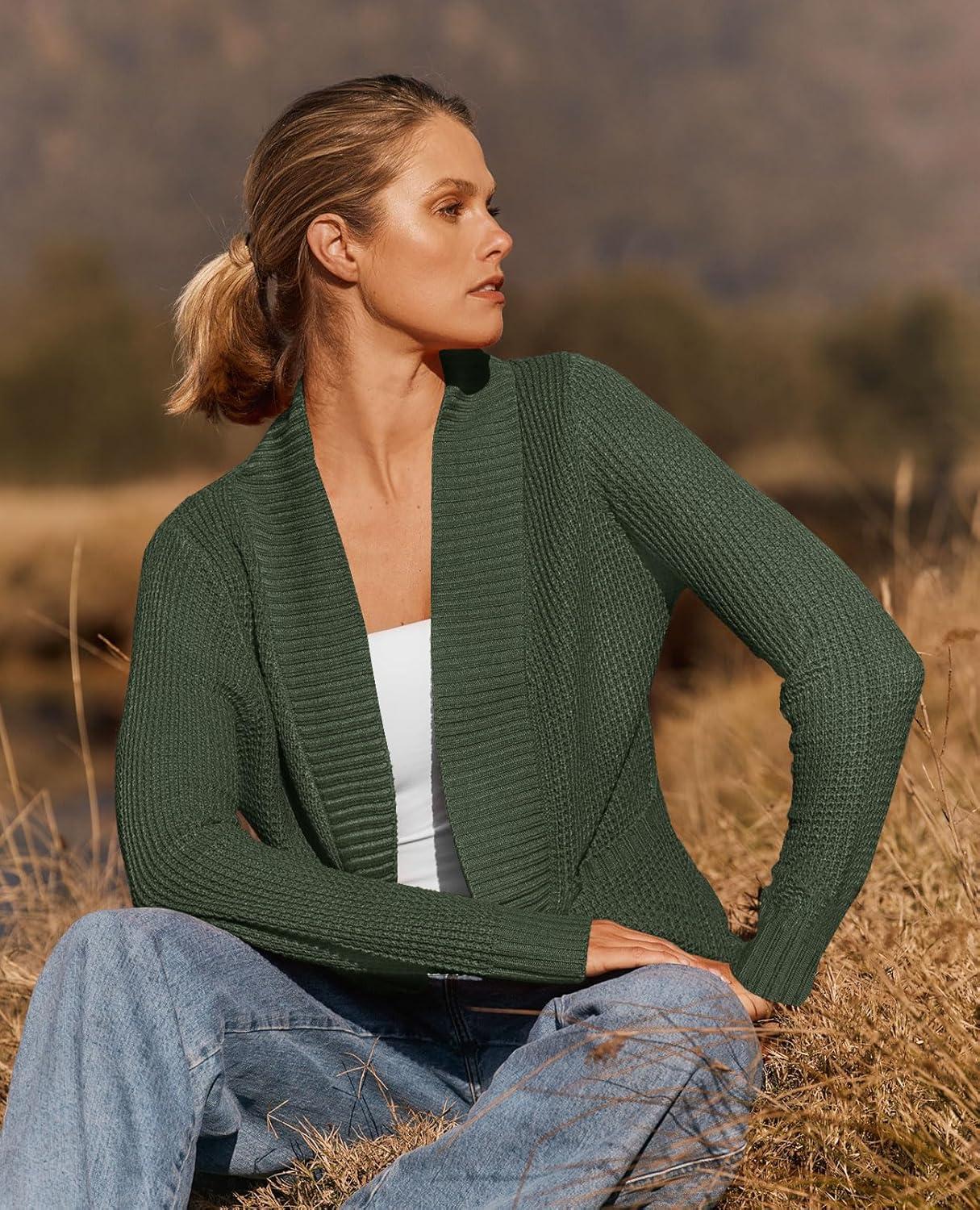 imageZESICA Womens Fall Winter Long Sleeve Open Front Casual Lightweight Soft Knit Cardigan Sweater OuterwearGreen