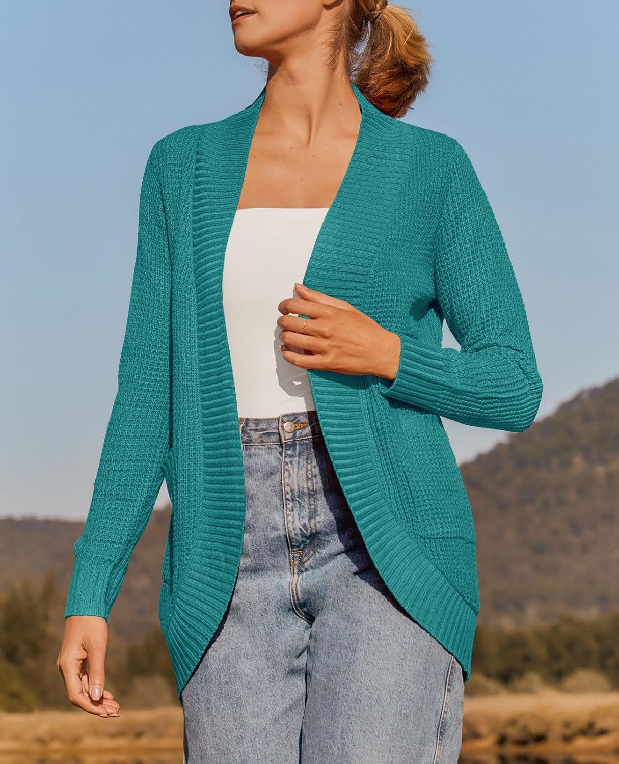 imageZESICA Womens Fall Winter Long Sleeve Open Front Casual Lightweight Soft Knit Cardigan Sweater OuterwearLakegreen