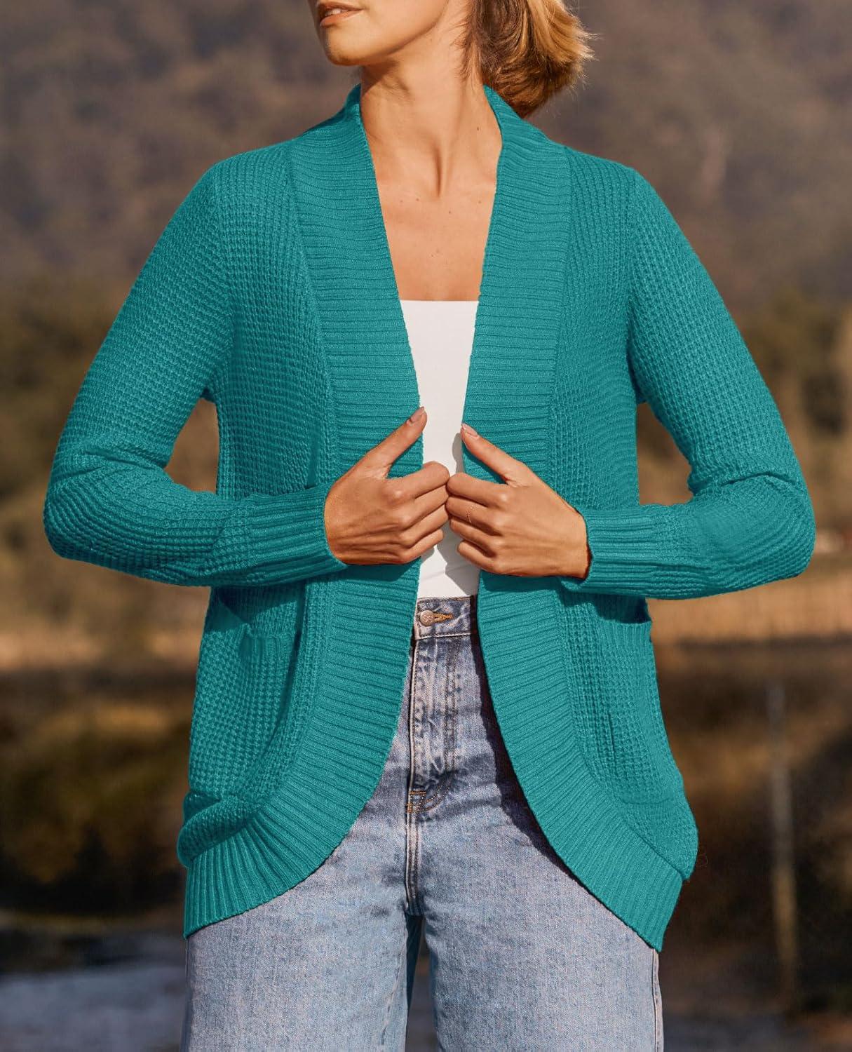 imageZESICA Womens Fall Winter Long Sleeve Open Front Casual Lightweight Soft Knit Cardigan Sweater OuterwearLakegreen