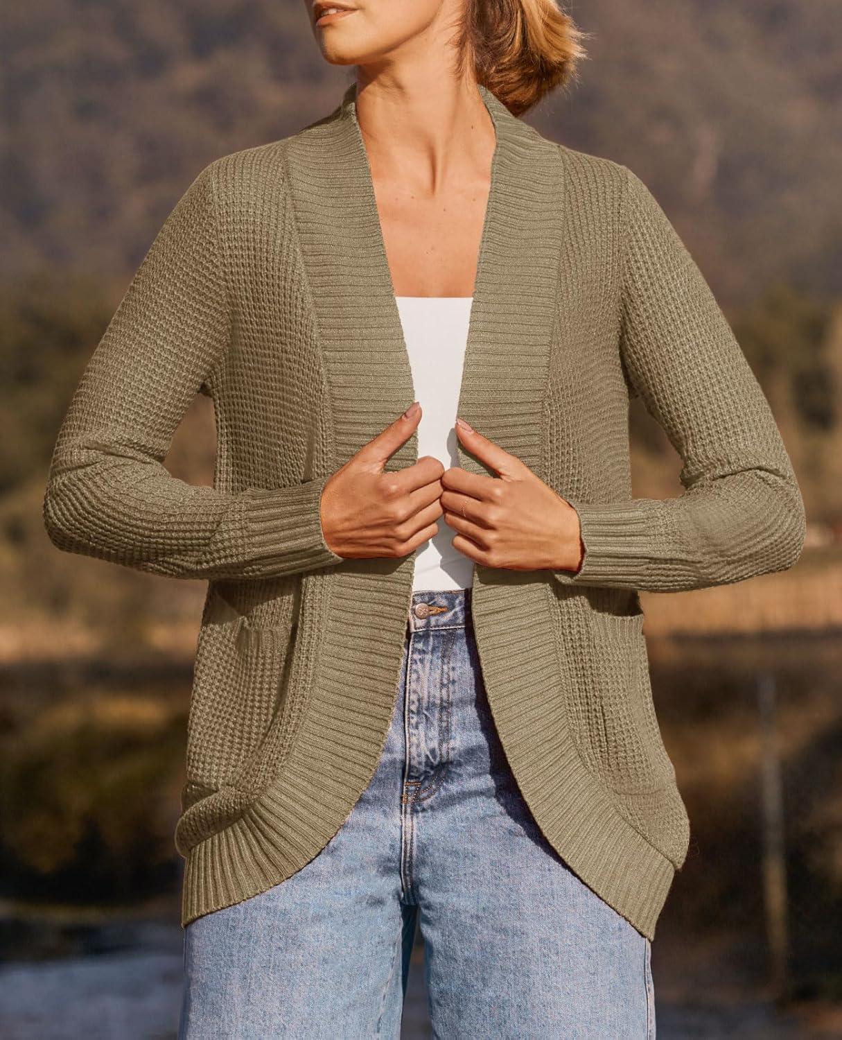 imageZESICA Womens Fall Winter Long Sleeve Open Front Casual Lightweight Soft Knit Cardigan Sweater OuterwearLightkhaki