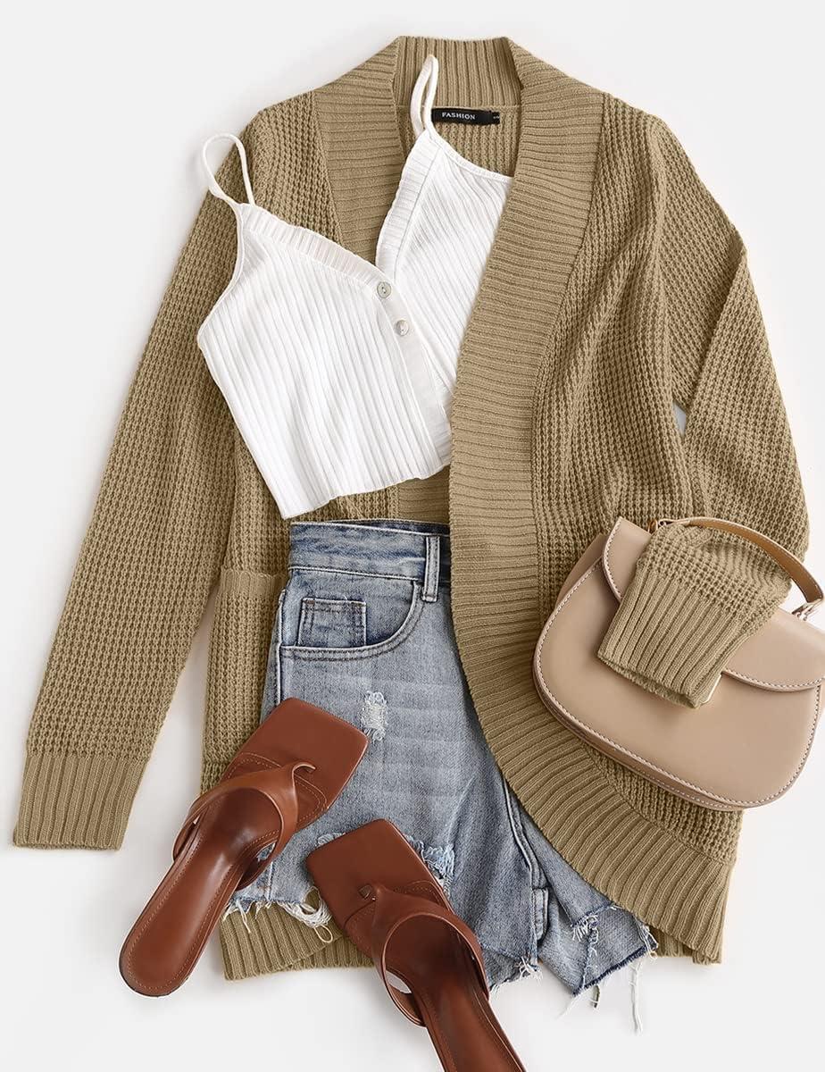 imageZESICA Womens Fall Winter Long Sleeve Open Front Casual Lightweight Soft Knit Cardigan Sweater OuterwearLightkhaki
