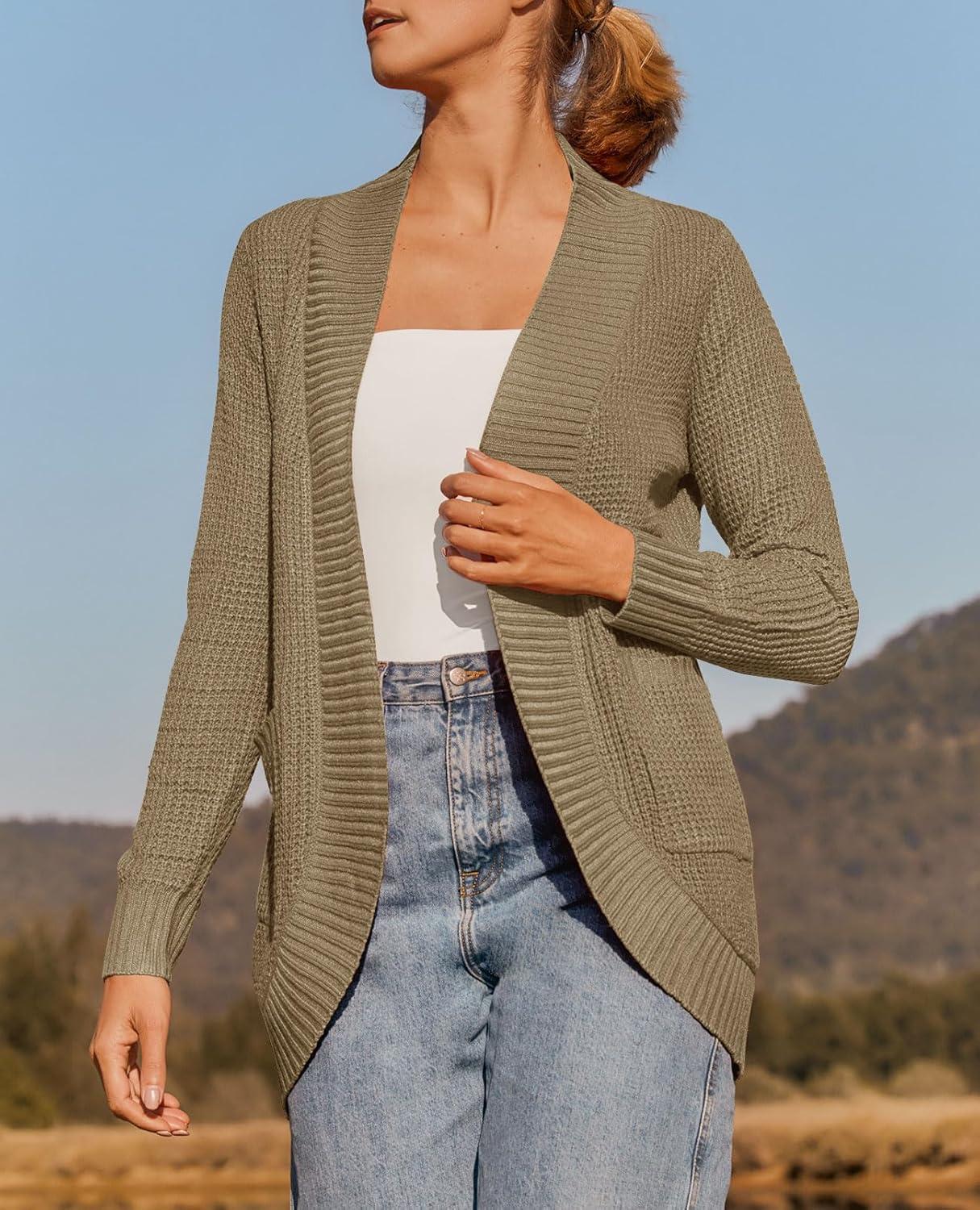 imageZESICA Womens Fall Winter Long Sleeve Open Front Casual Lightweight Soft Knit Cardigan Sweater OuterwearLightkhaki