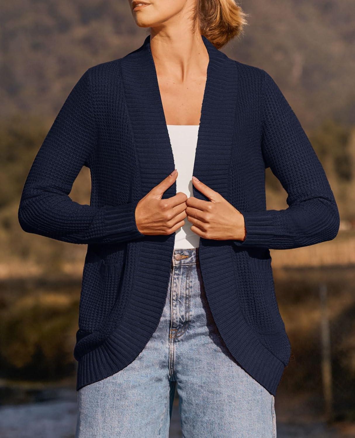 imageZESICA Womens Fall Winter Long Sleeve Open Front Casual Lightweight Soft Knit Cardigan Sweater OuterwearNavy