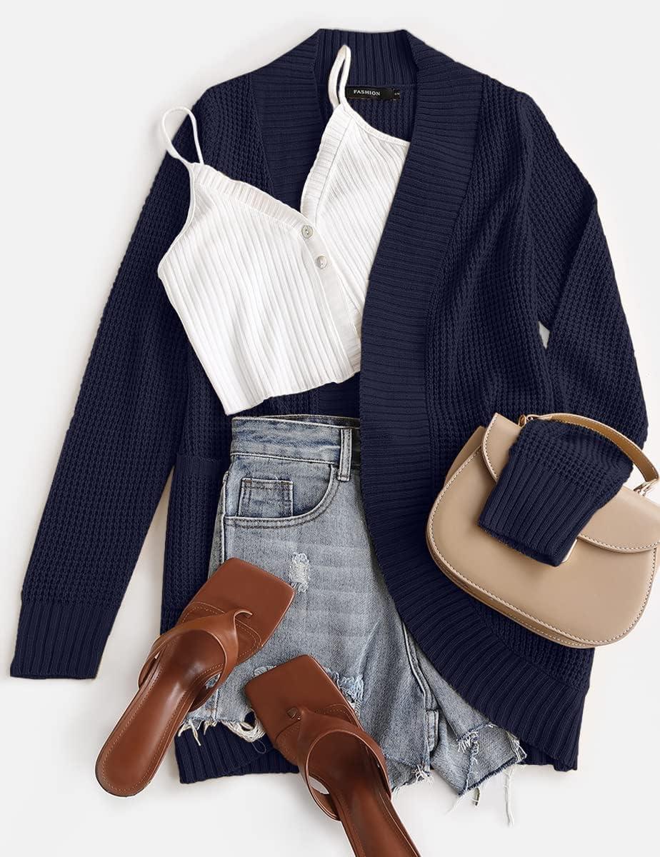 imageZESICA Womens Fall Winter Long Sleeve Open Front Casual Lightweight Soft Knit Cardigan Sweater OuterwearNavy