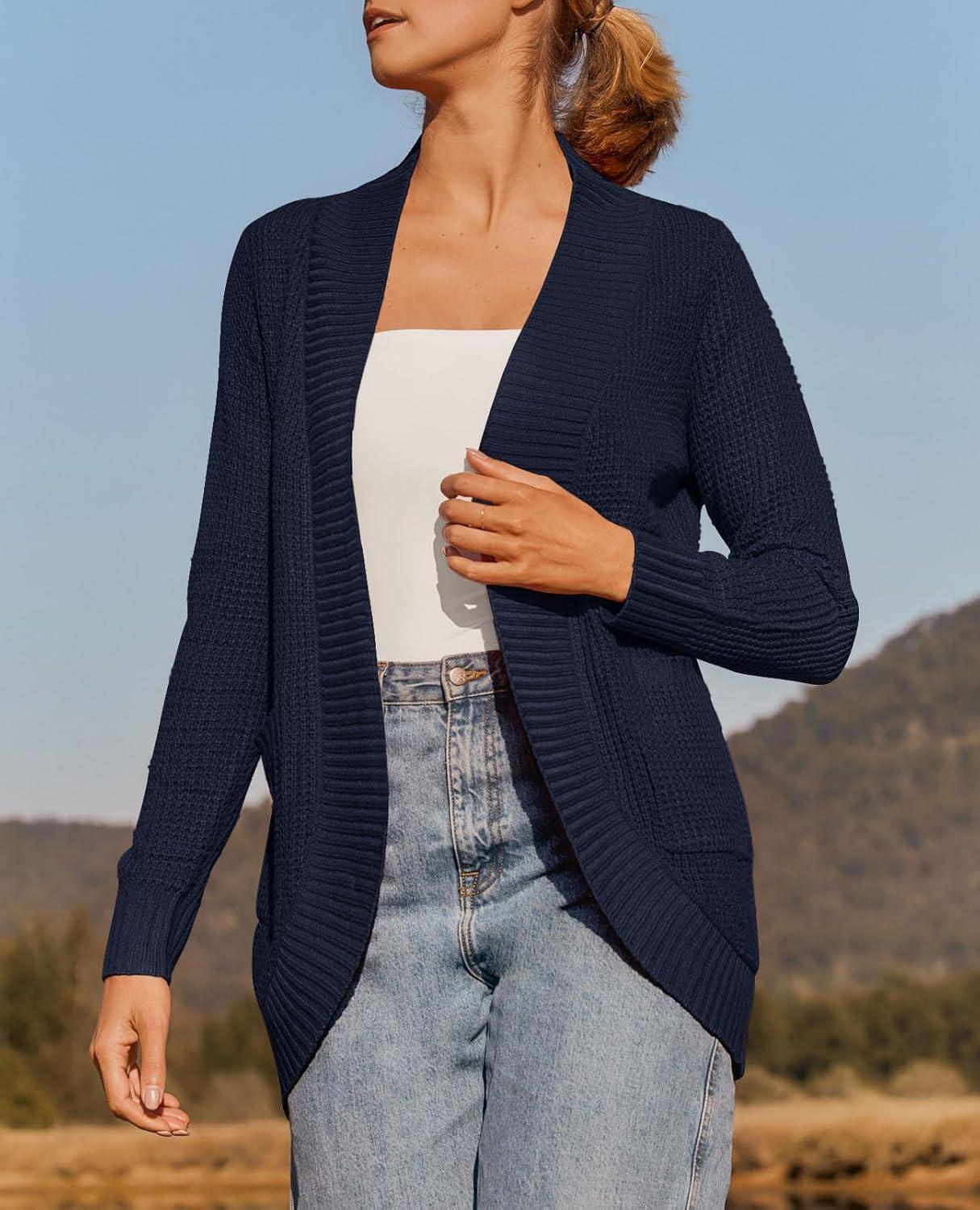 imageZESICA Womens Fall Winter Long Sleeve Open Front Casual Lightweight Soft Knit Cardigan Sweater OuterwearNavy