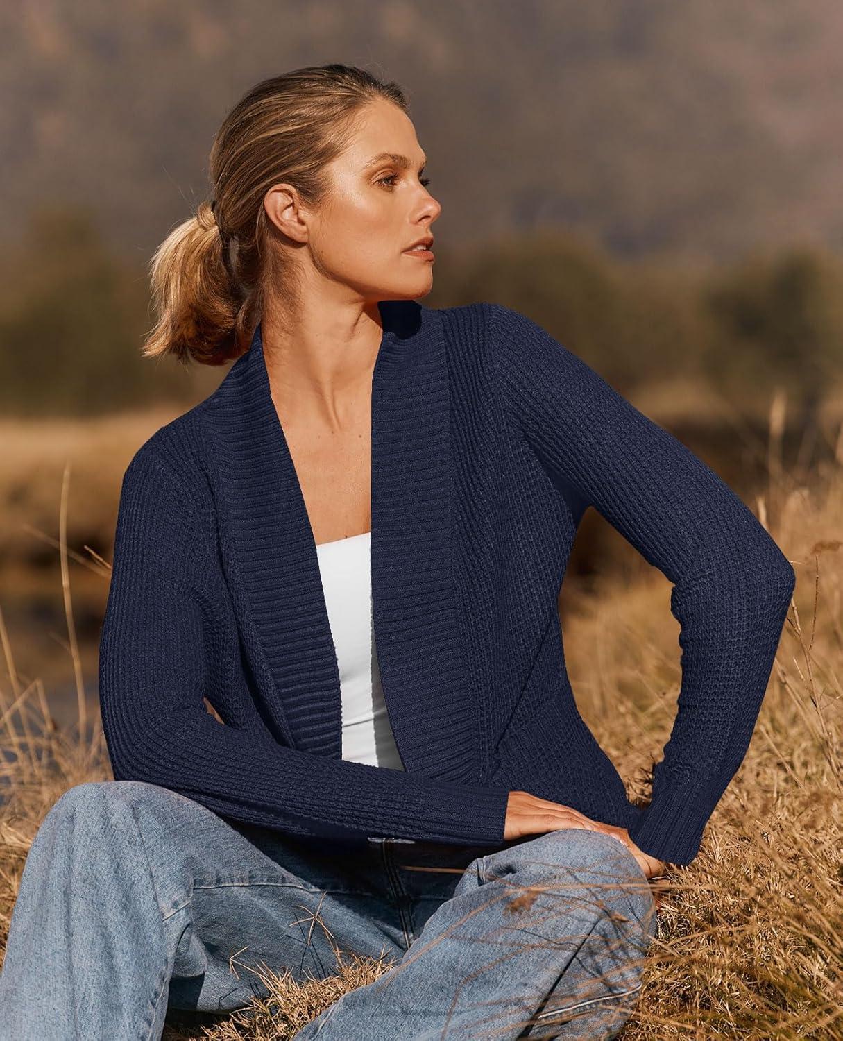 imageZESICA Womens Fall Winter Long Sleeve Open Front Casual Lightweight Soft Knit Cardigan Sweater OuterwearNavy