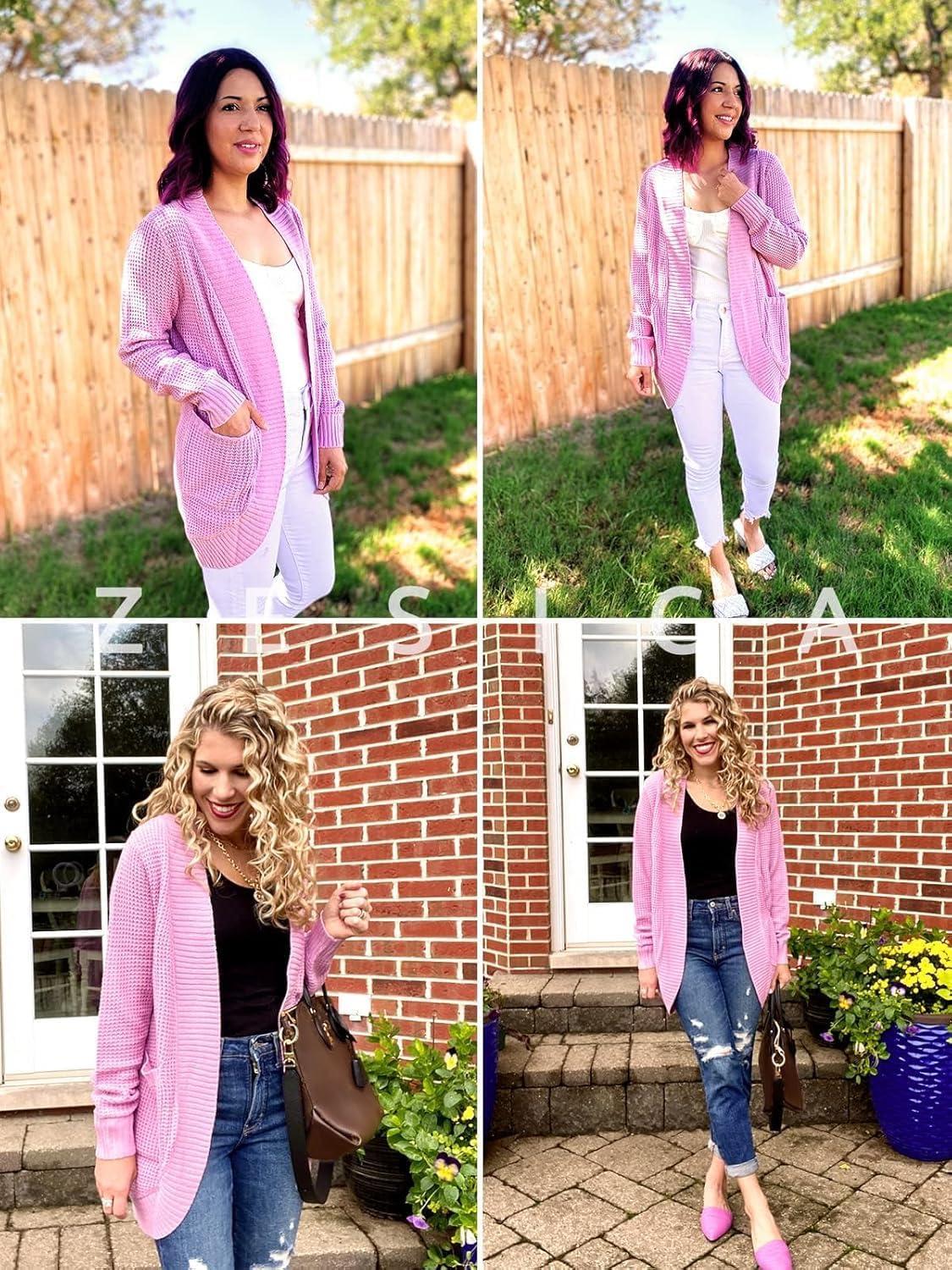 imageZESICA Womens Fall Winter Long Sleeve Open Front Casual Lightweight Soft Knit Cardigan Sweater OuterwearPinkpurple