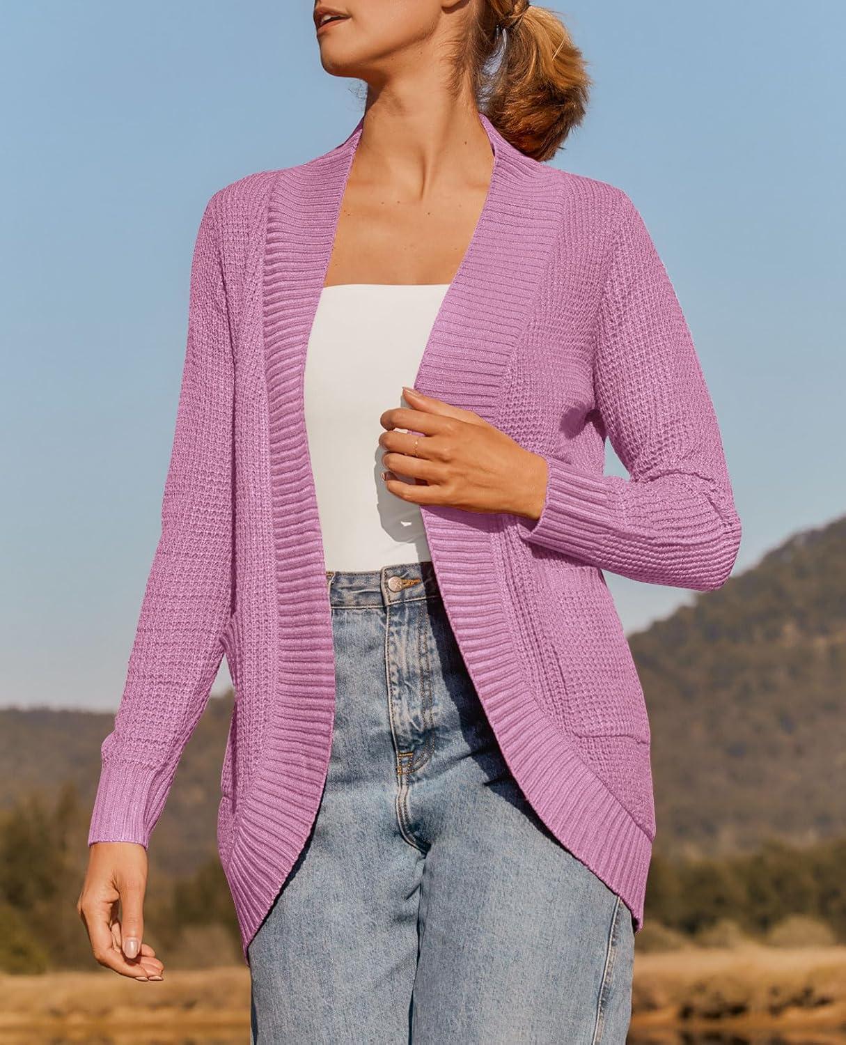 imageZESICA Womens Fall Winter Long Sleeve Open Front Casual Lightweight Soft Knit Cardigan Sweater OuterwearPinkpurple