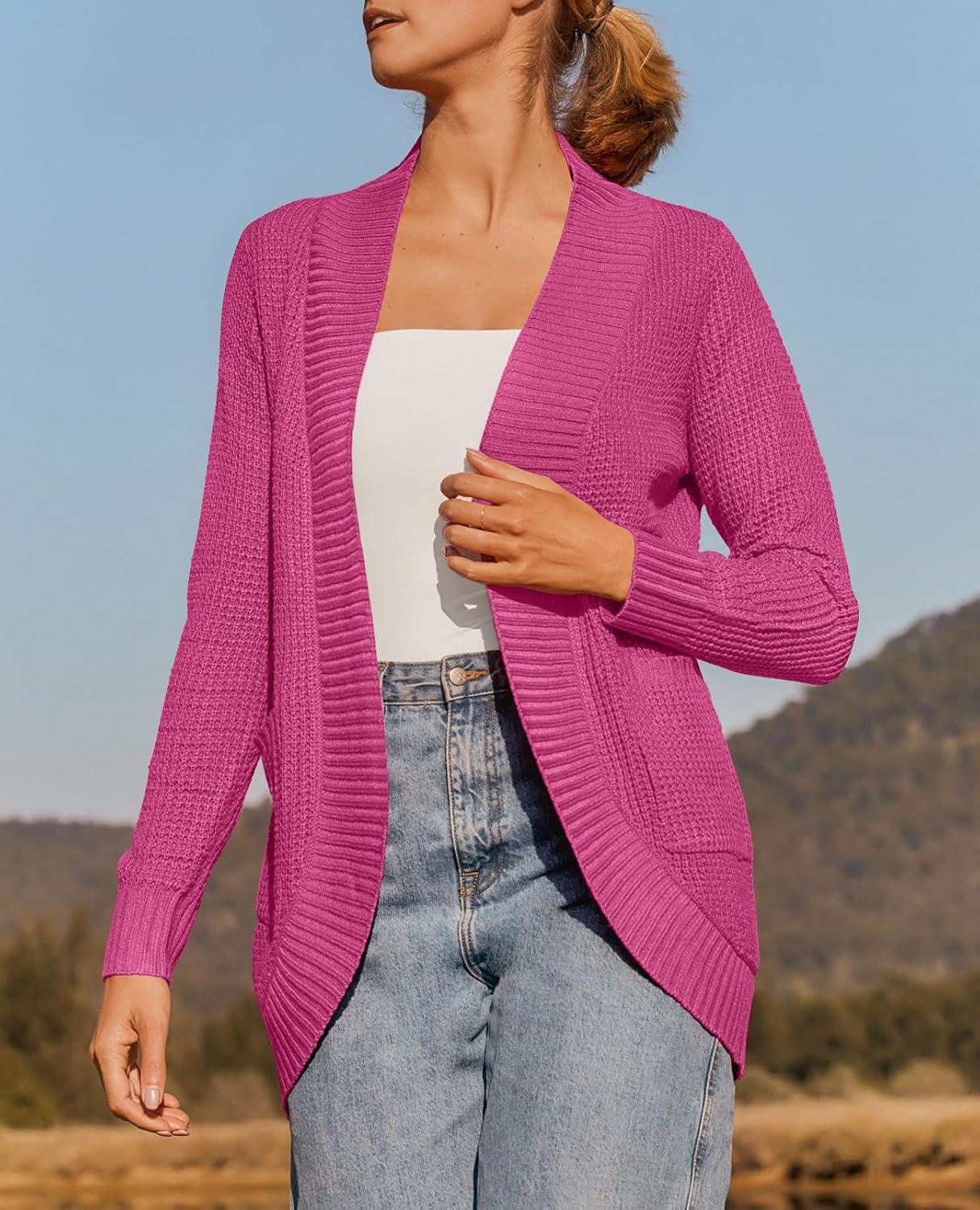 imageZESICA Womens Fall Winter Long Sleeve Open Front Casual Lightweight Soft Knit Cardigan Sweater OuterwearRose