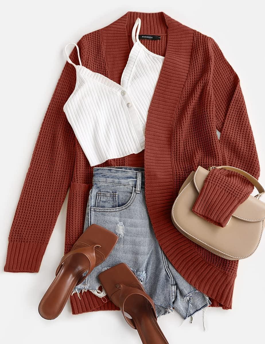 imageZESICA Womens Fall Winter Long Sleeve Open Front Casual Lightweight Soft Knit Cardigan Sweater OuterwearRust