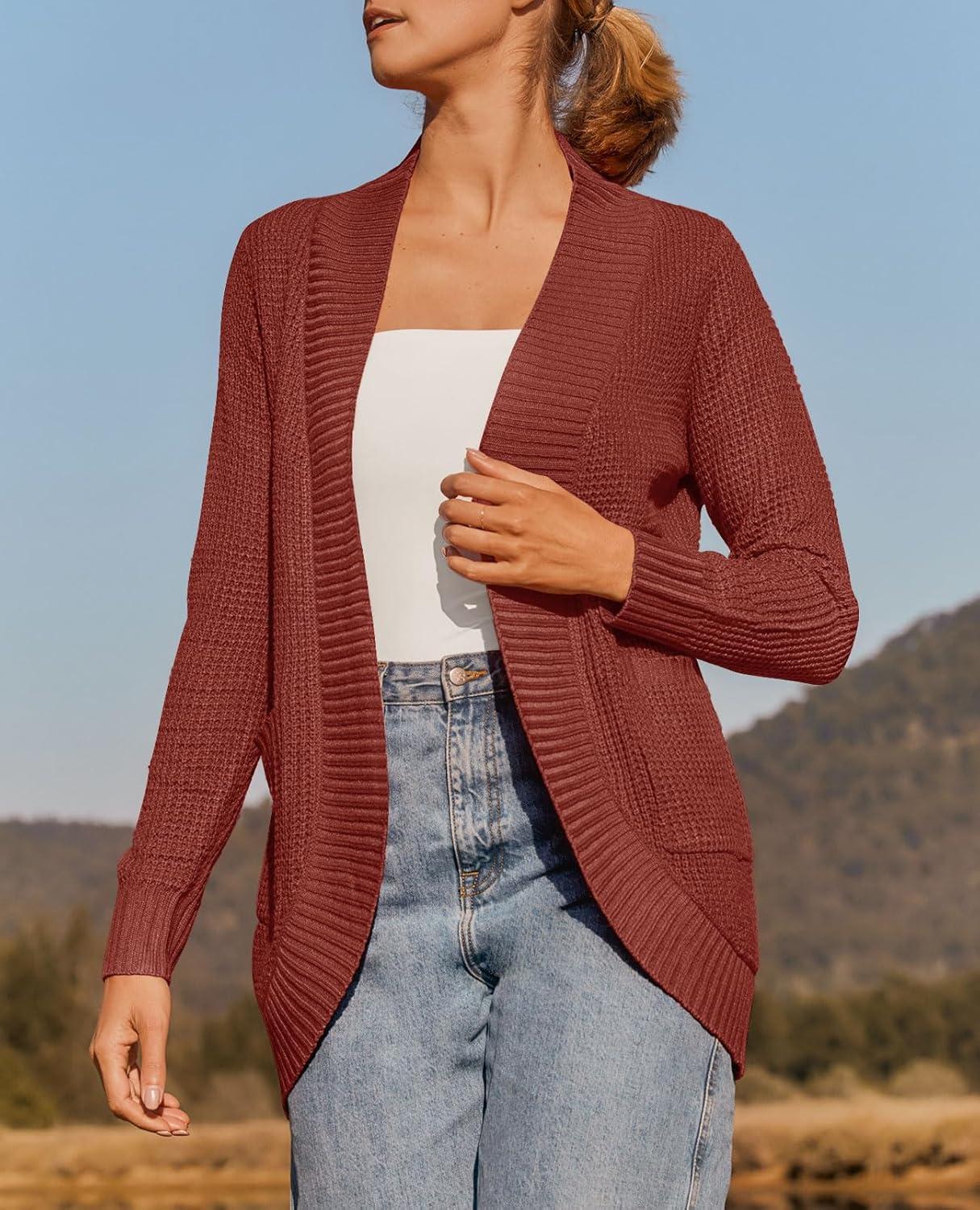 imageZESICA Womens Fall Winter Long Sleeve Open Front Casual Lightweight Soft Knit Cardigan Sweater OuterwearRust