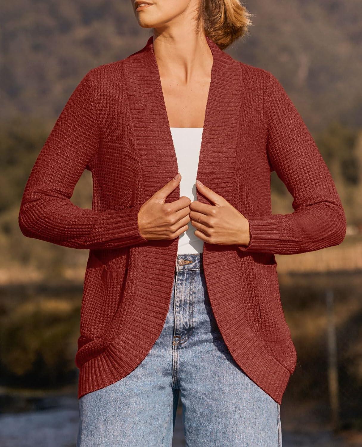 imageZESICA Womens Fall Winter Long Sleeve Open Front Casual Lightweight Soft Knit Cardigan Sweater OuterwearRust