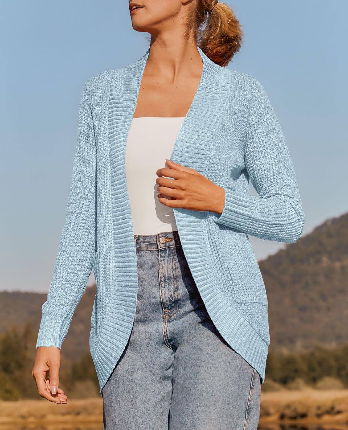 imageZESICA Womens Fall Winter Long Sleeve Open Front Casual Lightweight Soft Knit Cardigan Sweater OuterwearSkyblue