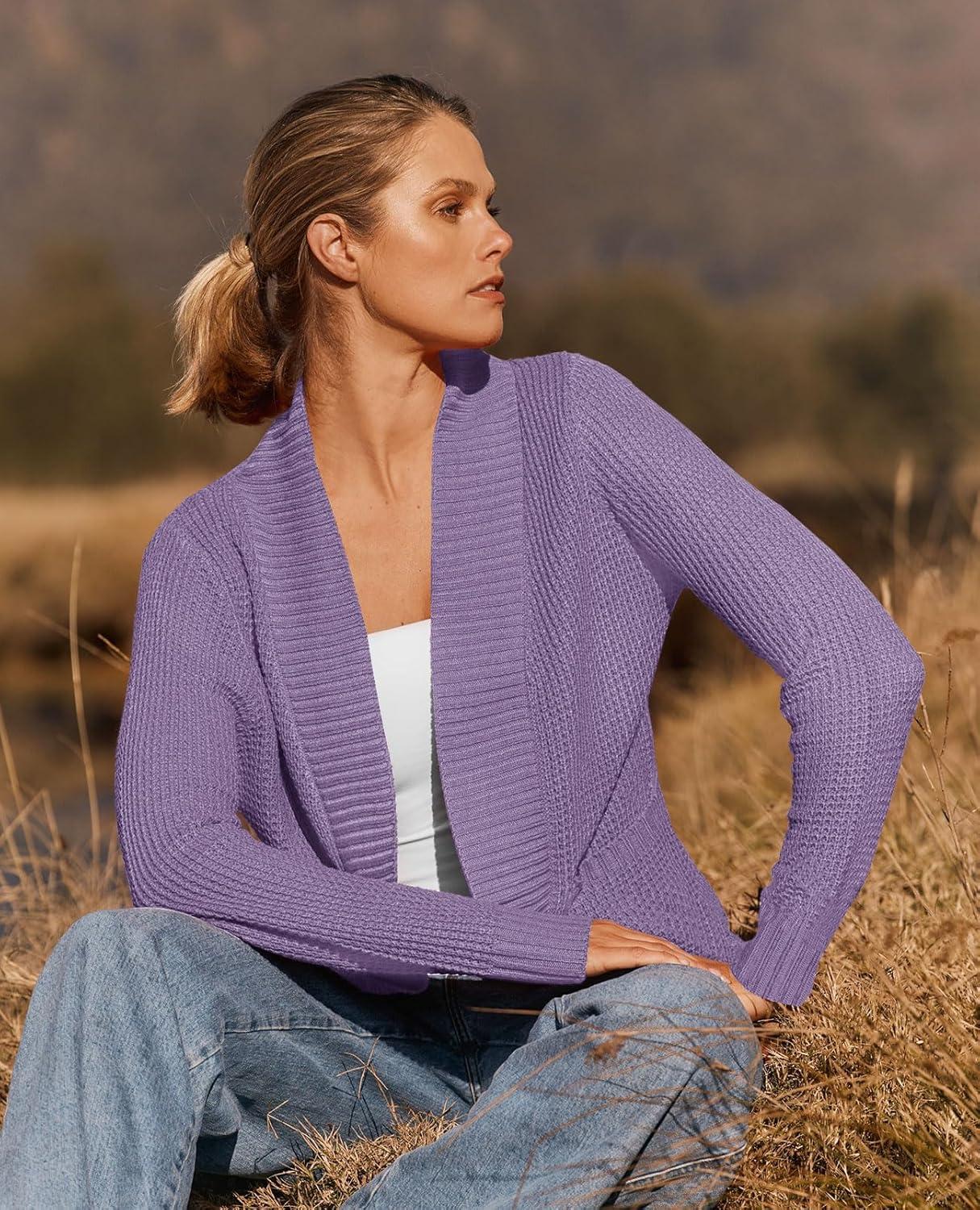 imageZESICA Womens Fall Winter Long Sleeve Open Front Casual Lightweight Soft Knit Cardigan Sweater OuterwearViolet
