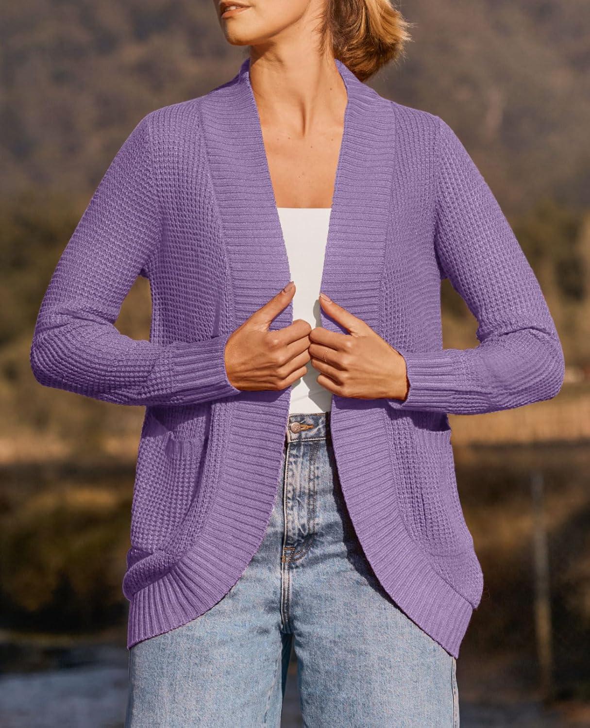 imageZESICA Womens Fall Winter Long Sleeve Open Front Casual Lightweight Soft Knit Cardigan Sweater OuterwearViolet