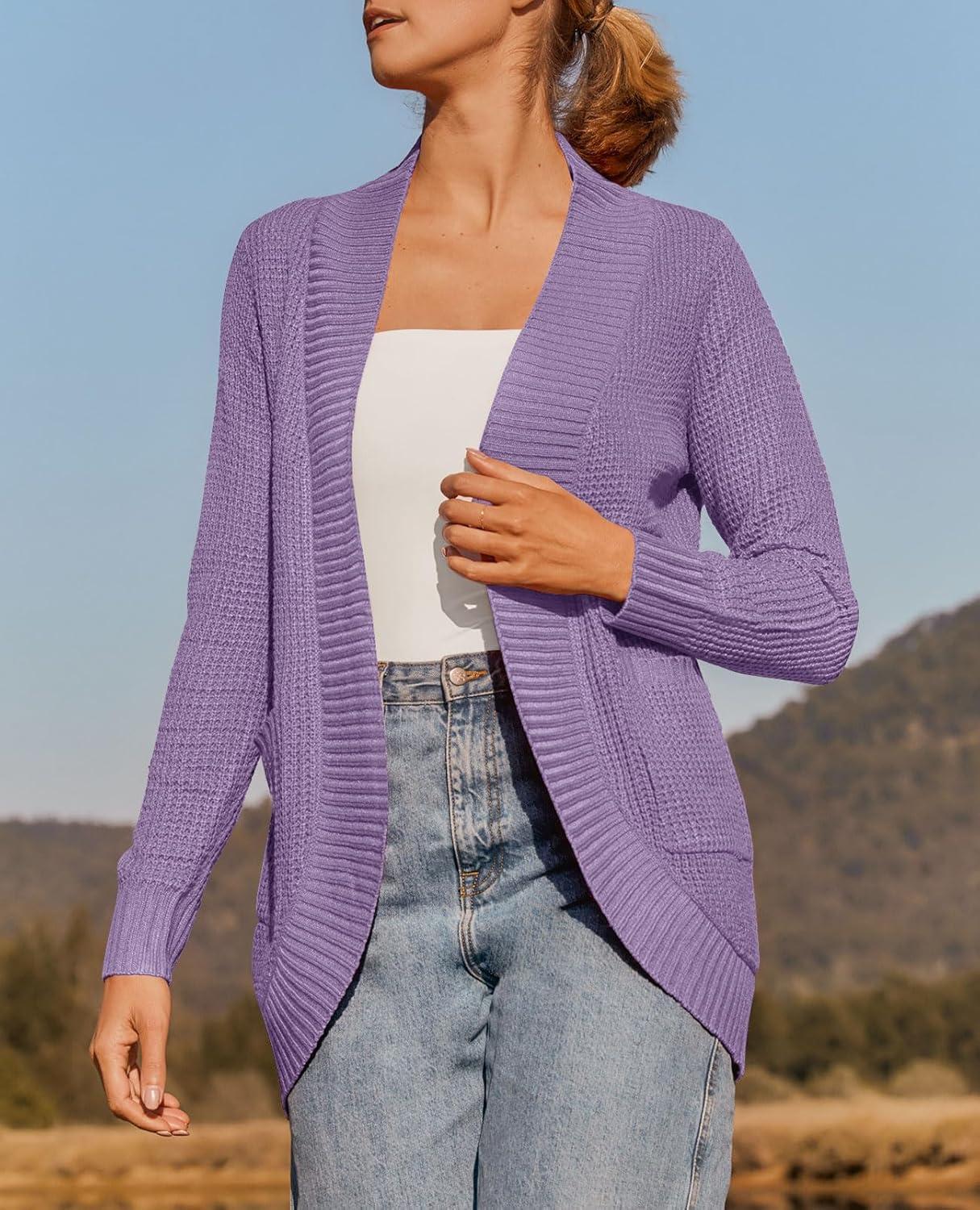 imageZESICA Womens Fall Winter Long Sleeve Open Front Casual Lightweight Soft Knit Cardigan Sweater OuterwearViolet