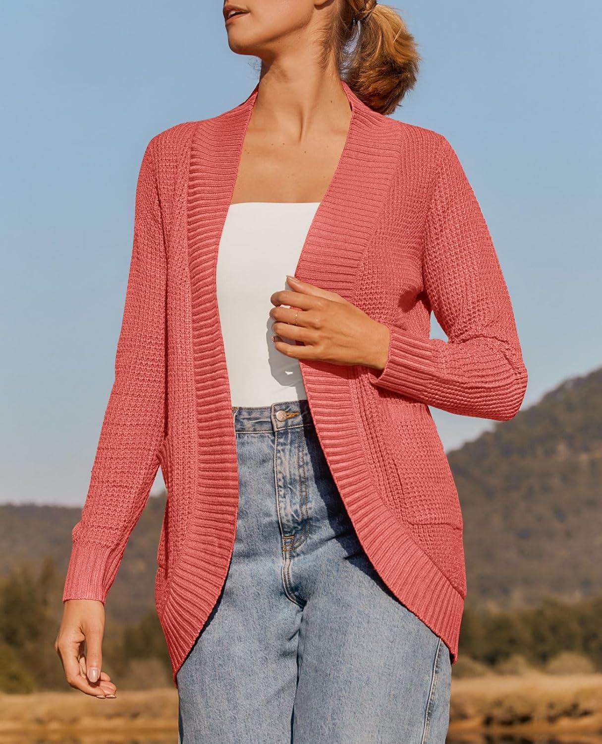 imageZESICA Womens Fall Winter Long Sleeve Open Front Casual Lightweight Soft Knit Cardigan Sweater OuterwearWatermelon