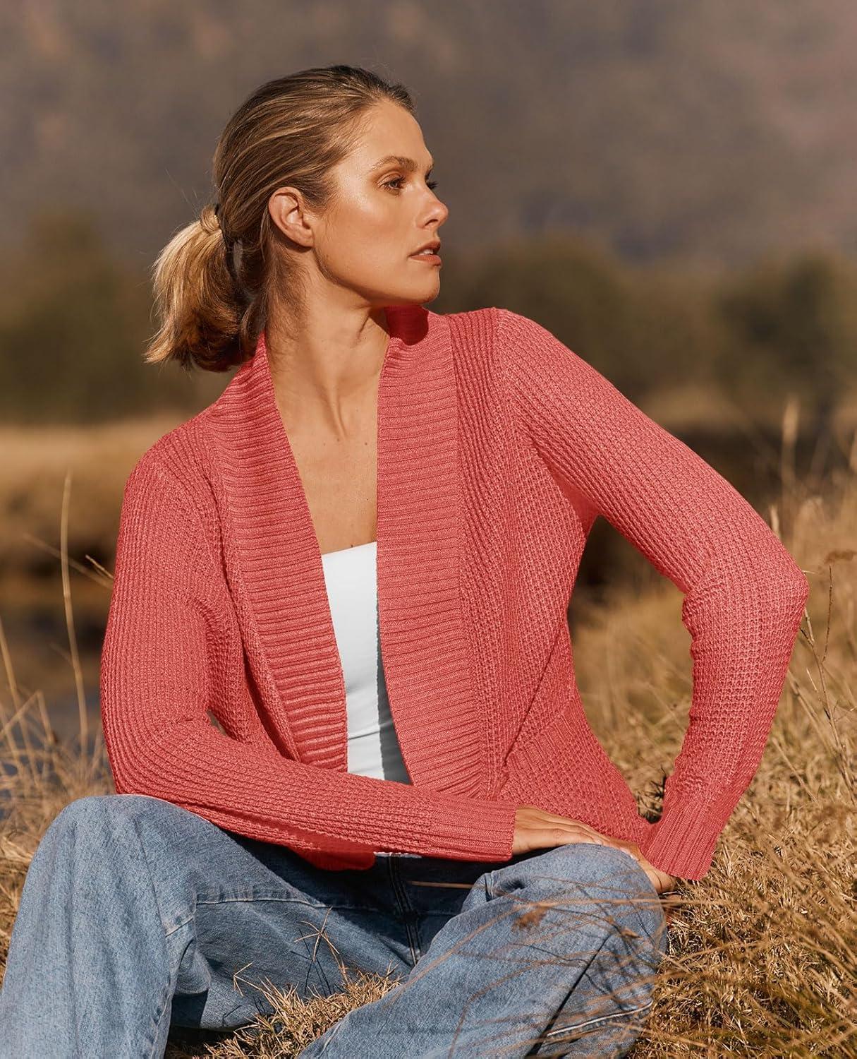 imageZESICA Womens Fall Winter Long Sleeve Open Front Casual Lightweight Soft Knit Cardigan Sweater OuterwearWatermelon