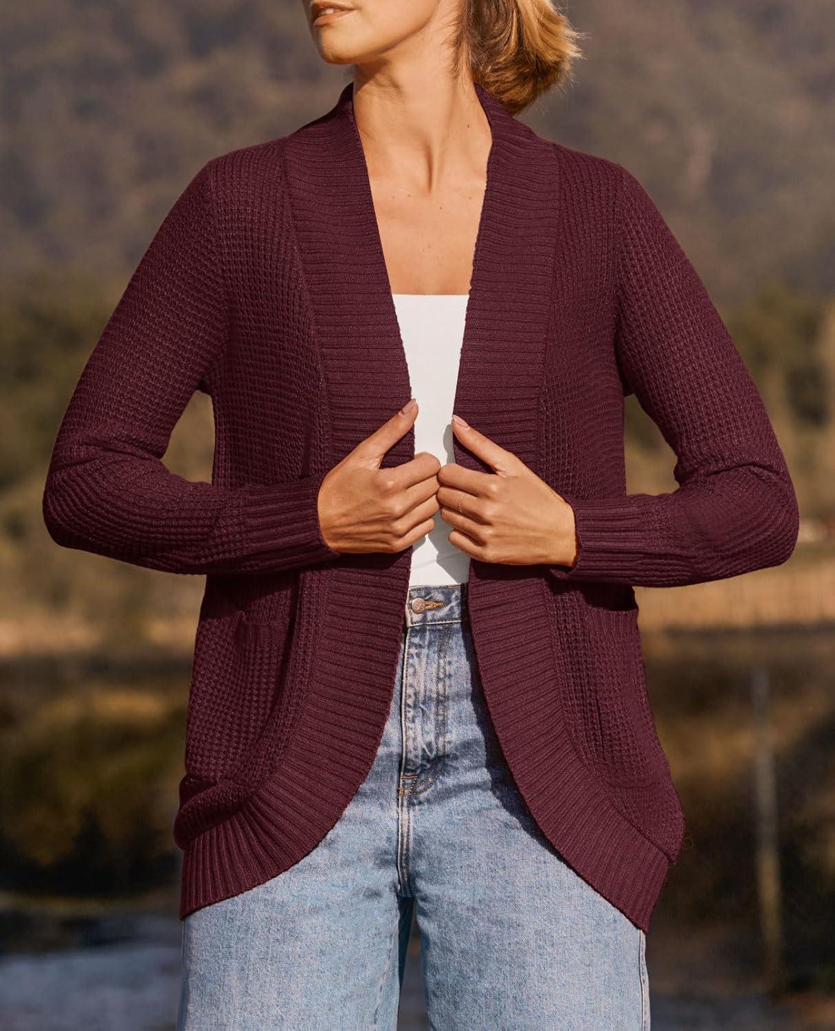 imageZESICA Womens Fall Winter Long Sleeve Open Front Casual Lightweight Soft Knit Cardigan Sweater OuterwearWine