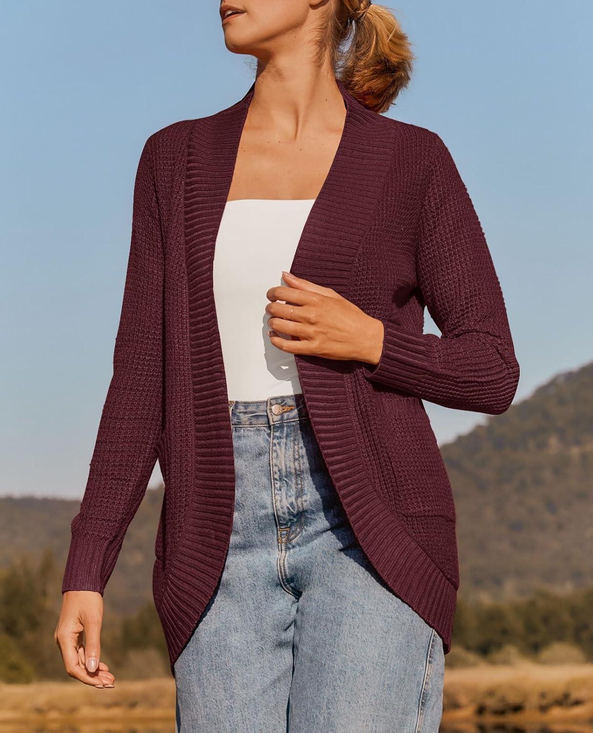 imageZESICA Womens Fall Winter Long Sleeve Open Front Casual Lightweight Soft Knit Cardigan Sweater OuterwearWine
