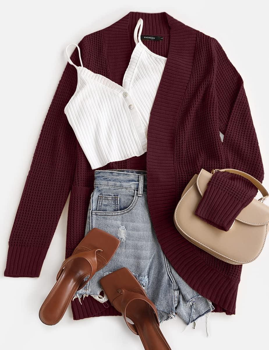 imageZESICA Womens Fall Winter Long Sleeve Open Front Casual Lightweight Soft Knit Cardigan Sweater OuterwearWine
