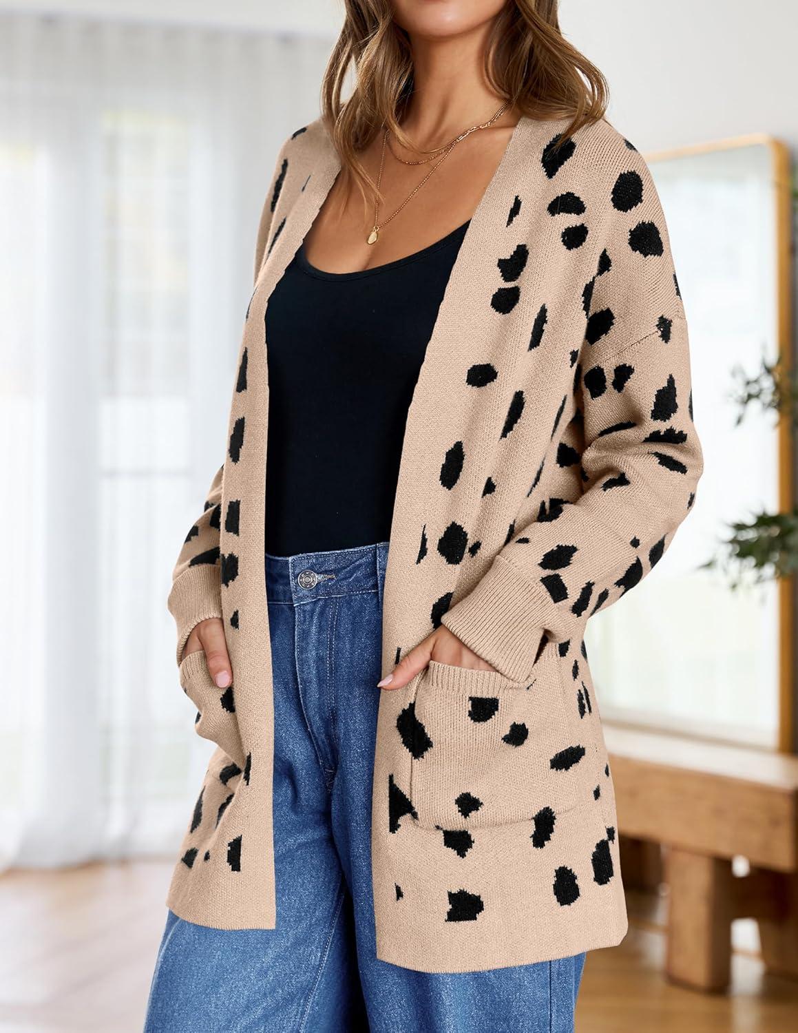 imageZESICA Womens Fall Winter Long Sleeves Open Front Leopard Print Knitted Sweater Cardigan Coat OutwearA Beige