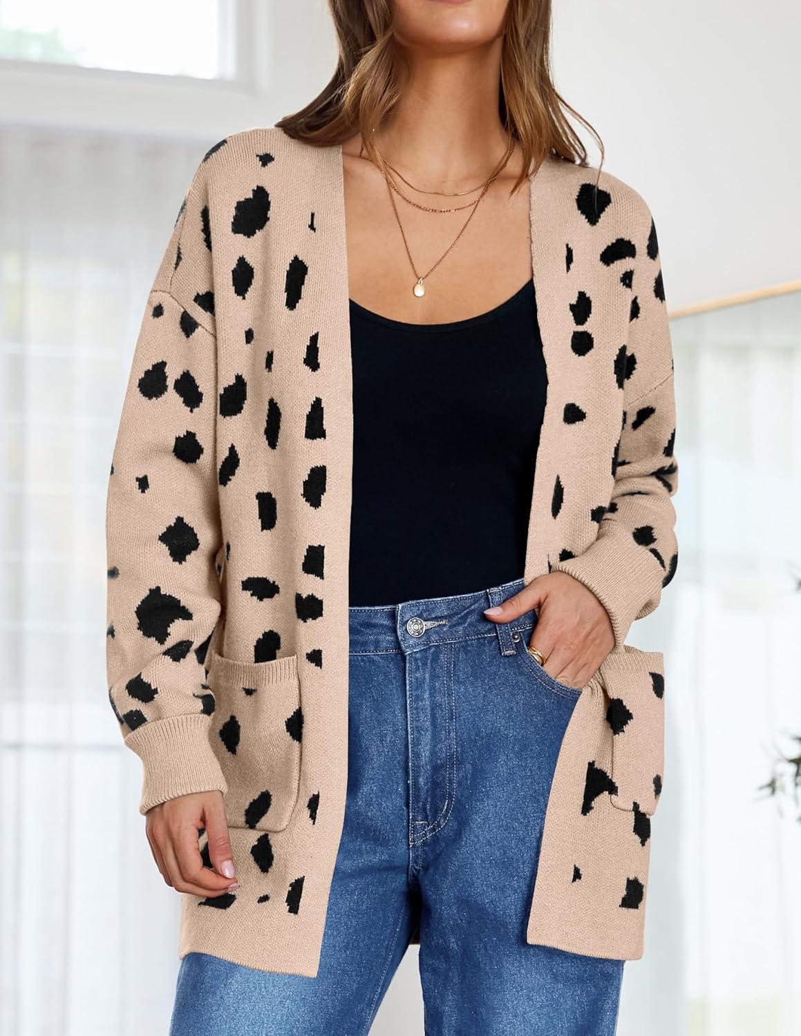 imageZESICA Womens Fall Winter Long Sleeves Open Front Leopard Print Knitted Sweater Cardigan Coat OutwearA Beige