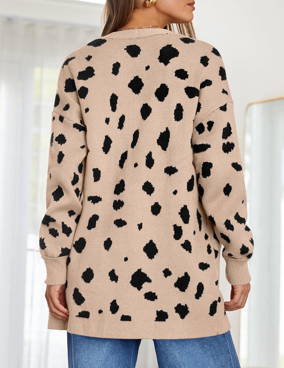 imageZESICA Womens Fall Winter Long Sleeves Open Front Leopard Print Knitted Sweater Cardigan Coat OutwearA Beige