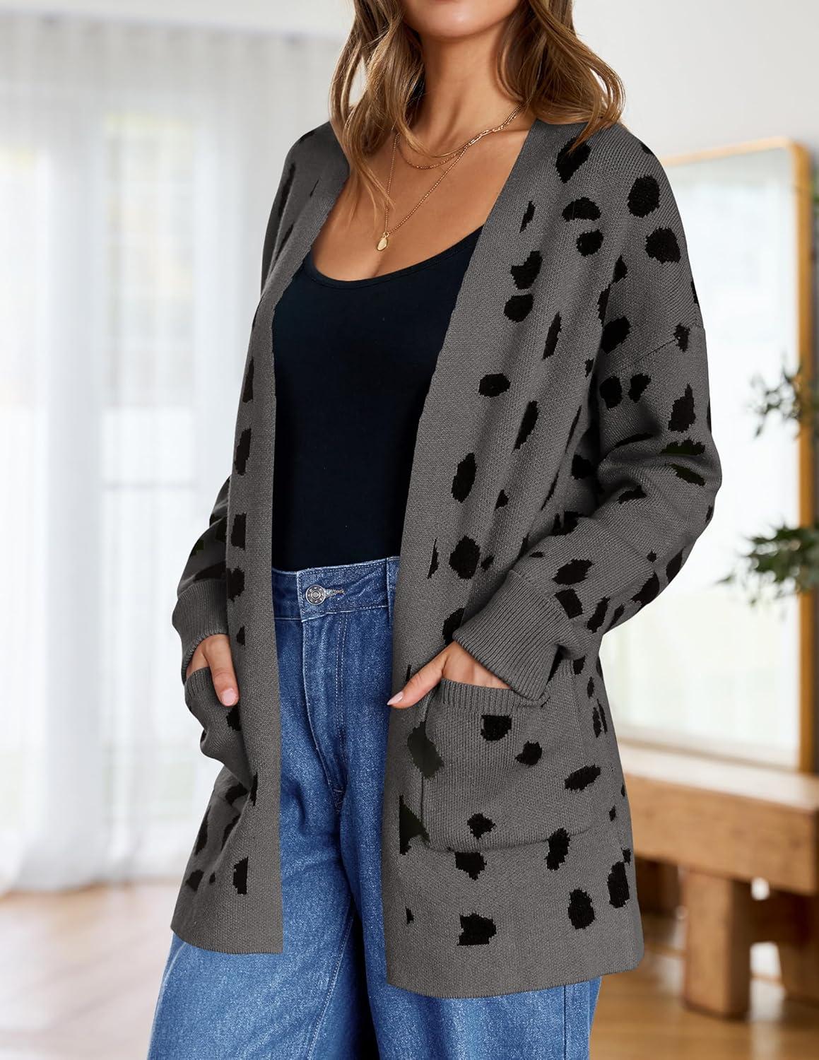 imageZESICA Womens Fall Winter Long Sleeves Open Front Leopard Print Knitted Sweater Cardigan Coat OutwearA Dark Grey