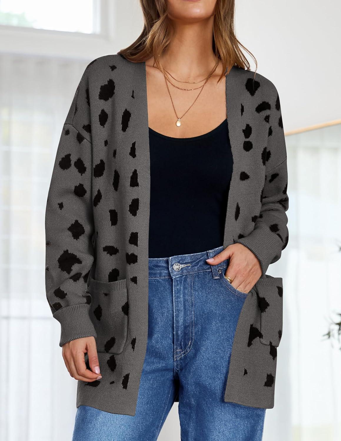 imageZESICA Womens Fall Winter Long Sleeves Open Front Leopard Print Knitted Sweater Cardigan Coat OutwearA Dark Grey